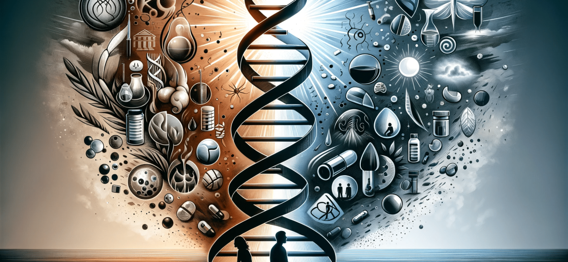 A comprehensive illustration capturing the essence of the article 'Exploring the Role of Genetics in Addiction and Recovery'. The image features a lar