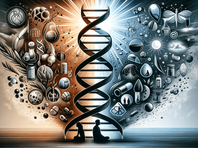 A comprehensive illustration capturing the essence of the article 'Exploring the Role of Genetics in Addiction and Recovery'. The image features a lar